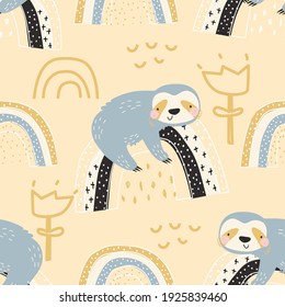 Seamless pattern with cute sloth, rainbow and flowers on yellow background. Vector illustration for printing on packaging paper, fabric. Cute children's background