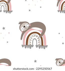 seamless pattern with cute sloth and rainbow - vector illustration isolated on white background for your design