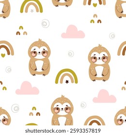 Seamless pattern with cute sloth and rainbow on white background. For wallpaper, wrapping paper, nursery, fabric, etc. Vector illustration