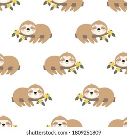 seamless pattern of cute sloth relaxed on branch, vector illustration