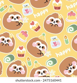 Seamless pattern of cute sloth round shape pastel in party concept background.Cake,heart cookies,roll cake,candle.Wild animal character cartoon design.Image for card,poster,baby clothing.Kawaii.