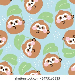 Seamless pattern of cute sloth round shape pastel hold big leaf on rain background.Rainy season.Wild animal character cartoon design.Image for card,poster,baby clothing.Kawaii.Vector.Illustration