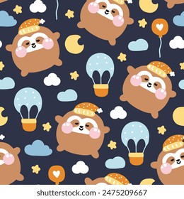 Seamless pattern of cute sloth round shape pastel sleep with balloon and star on night moon sky background.Wild animal character cartoon design.Image for card,poster,baby clothing.Kawaii.Illustration