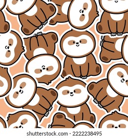 Seamless pattern of cute sloth sit sticker on brown background.Wild animal character cartoon hand drawn.Kid graphic design.Repeat.Texture.Kawaii.Vector.Illustration.