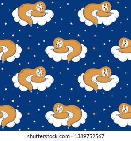 Seamless pattern with cute sloth sleeping on a cloud. Vector background. 