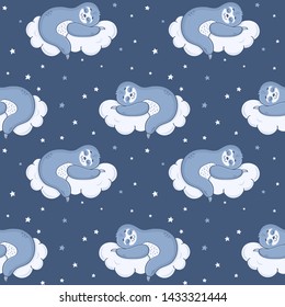 Seamless pattern with cute sloth sleeping on a cloud. Vector background.