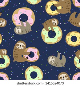 Seamless pattern. Cute sloth with sweet doughnuts. Sweet tooth. Vector.