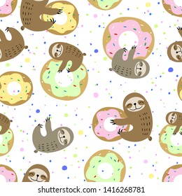 Seamless pattern. Cute sloth with sweet doughnuts. Sweet tooth. Vector.