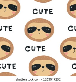 Seamless pattern of a cute sloth. Vector illustration for printing on packaging paper, postcard, fabric, sticker, advertising poster, banner, clothes.