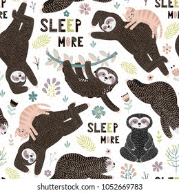 Seamless pattern with cute sloths. Background with funny sloths, leaves, brunch. Vector illustration 