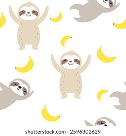 Seamless Pattern of Cute Sloths and Bananas on White Background