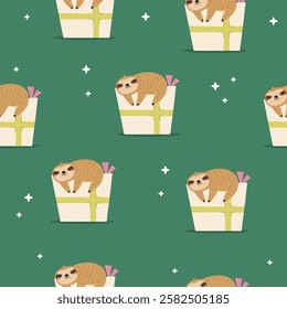 Seamless pattern with cute sloths characters and gift boxes. Perfect for prints, wrapping paper, wallpaper
