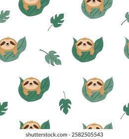 Seamless pattern with cute sloths characters and tropical leaves. Perfect for prints, gift boxes, wallpaper