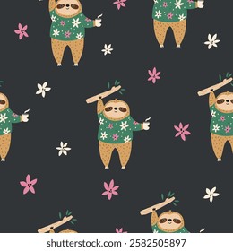 Seamless pattern with cute sloths characters with coffee cups and flowers. Perfect for prints, gift boxes, wallpaper