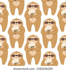 Seamless pattern with cute sloths characters holding flowers. Perfect for prints, gift boxes, wallpaper