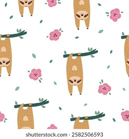 Seamless pattern with cute sloths characters and pink flowers. Perfect for prints, gift boxes, wallpaper