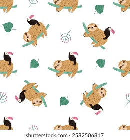 Seamless pattern with cute sloths characters and toucans. Perfect for prints, gift boxes, wallpaper