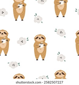 Seamless pattern with cute sloths characters with coffee cups and flowers. Perfect for prints, gift boxes, wallpaper