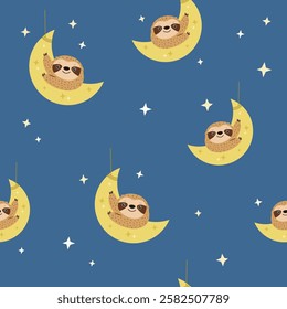 Seamless pattern with cute sloths characters sleeping on the moon. Perfect for prints, gift boxes, wallpaper