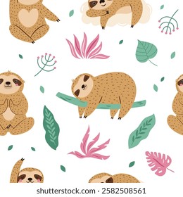 Seamless pattern with cute sloths characters and tropical leaves. Perfect for prints, gift boxes, wallpaper