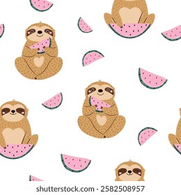 Seamless pattern with cute sloths characters and juicy watermelon. Perfect for prints, gift boxes, wallpaper