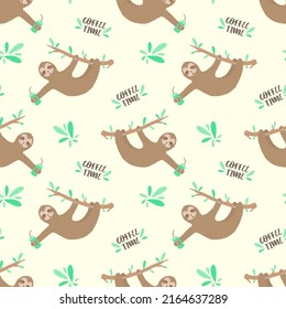 Seamless pattern of cute sloths with coffee. Hand-drawn illustration of sloth for kids, tropical summer, textile, print, cover, wallpaper, fabric, clothes, drinks, sleep. Transparent background