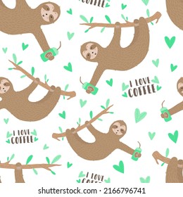 Seamless pattern of cute sloths with coffee and hearts. Hand-drawn illustration of sloth for kids, tropical summer, textile, print, cover, wallpaper, fabric, clothes, drinks. Transparent background