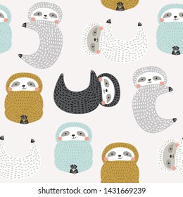 Seamless pattern with cute sloths. Creative good night background. Perfect for kids apparel,fabric, textile, nursery decoration,wrapping paper.Vector Illustration