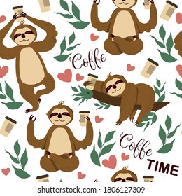 Seamless pattern Cute sloths drink coffee. Flat style. Coffee time lettering. Print for menus, textiles, t-shirts, sweatshirts. coffee break