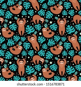 Seamless pattern with cute sloths and floral elements on black background. Trendy print with exotic animal. Vector illustration.