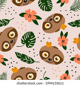 Seamless pattern with cute sloths, flowers and tropical leaves on a pink background. Isolated objects. Vector illustration for fabric, postcards, wallpapers, covers, packaging, wrapping paper.