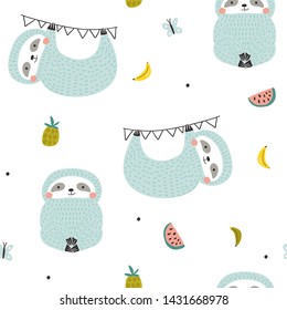 Seamless pattern with cute sloths and fruits. Creative good night background. Perfect for kids apparel,fabric, textile, nursery decoration,wrapping paper.Vector Illustration