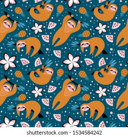 Seamless pattern with cute sloths, fruits and flowers on blue background. Trendy print with exotic animal. Vector illustration.