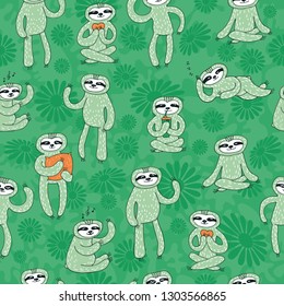 Seamless pattern with cute sloths. Hand drawn style. Design element for gift wrap, wallpaper and fabric