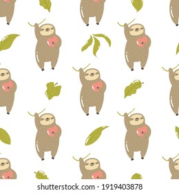 Seamless pattern with cute sloths hanging on a tree. Vector illustration with funny characters.