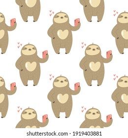 Seamless pattern with cute sloths hanging on a tree. Vector illustration with funny characters.