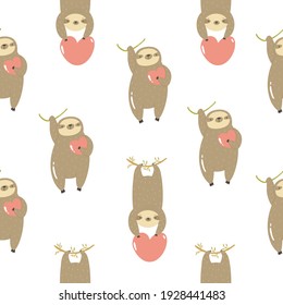 Seamless pattern with cute sloths hanging on a tree. Vector illustration with funny characters.