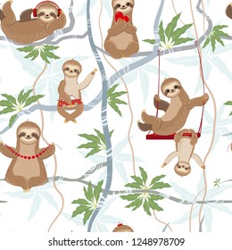 かわいいナマケモノが木の上で楽しめるシームレスな柄 子どもじみたスタイルのシームレスな手描きの動物柄 ベクターイラスト のベクター画像素材 ロイヤリティフリー Shutterstock