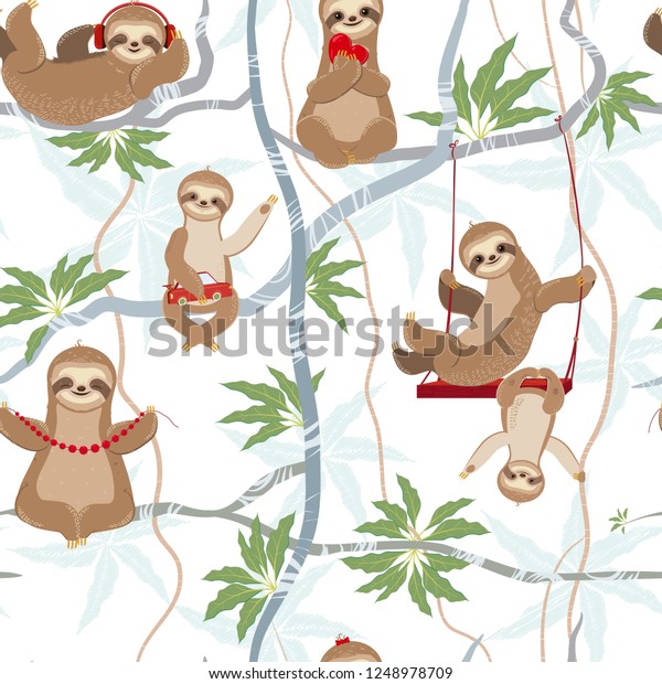 かわいいナマケモノが木の上で楽しめるシームレスな柄 子どもじみたスタイルのシームレスな手描きの動物柄 ベクターイラスト のベクター画像素材 ロイヤリティフリー