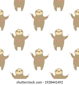 Seamless pattern with cute sloths holding garland of hearts. Vector illustration with funny characters