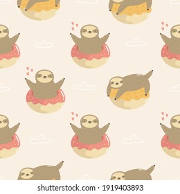 Seamless pattern with cute sloths jumping of donuts. Vector illustration for textile, greeting cards, fabric, gift boxes