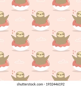 Seamless pattern with cute sloths jumping of donuts. Vector illustration for textile, greeting cards, fabric, gift boxes