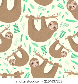 Seamless pattern of cute sloths and leaves. Hand-drawn illustration of sloth for children, tropical summer, textile, print, cover, wallpaper, fabric, clothes, wrapping. Transparent background