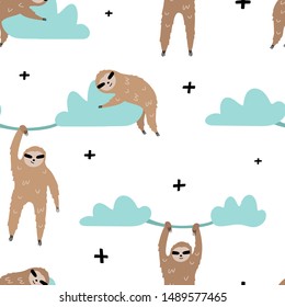 Seamless pattern with cute sloths on blue clouds. Vector children's illustration. Suitable for printing on tacna; clothing; wallpaper; paper.