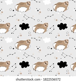 Seamless pattern with cute sloths on the clouds. Vector childrens background. Sloth, cloud, star, moon, heart. Suitable for printing on fabric, wallpaper, textiles, clothing.