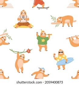 Seamless pattern with cute sloths. Repeating background with lazy funny baby animals. Endless print. Childish texture with happy adorable characters. Colored flat vector illustration for decoration