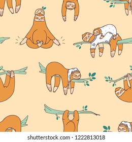 Seamless pattern with cute sloths sleeping, napping, dozing. Backdrop with adorable lazy wild exotic animal. Colored cartoon vector illustration in flat style for wrapping paper, textile print.