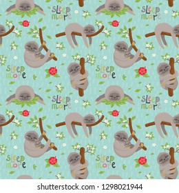 Seamless pattern with cute sloths sleeping on tropical lianas branches. Vector illustration for your design
