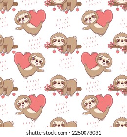 Seamless pattern with cute sloths for Valentine's Day in cartoon style for kids, children's books and games, print.