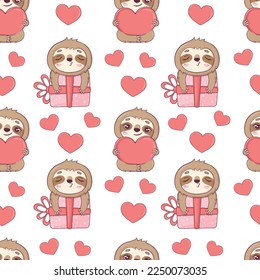 Seamless pattern with cute sloths for Valentine's Day in cartoon style for kids, children's books and games, print.